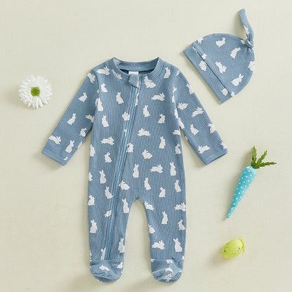 Boy's 2-Piece Long Sleeve Bunny Zip Jumpsuit & Hat Sets