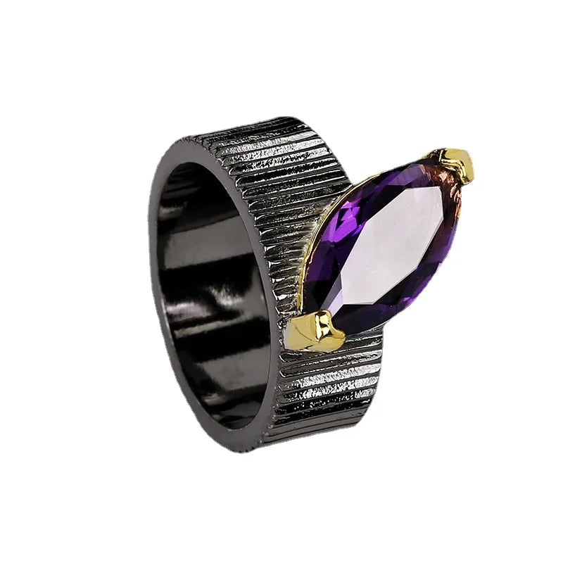 3-piece Purple Zircon Black & Gold Style Rings, Necklace & Earrings Sets