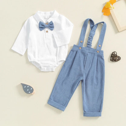 2-Piece Fall Outfits! Boy’s Long Sleeve Sweatshirt Rompers, Suspender Pants & Bow-Tie Sets