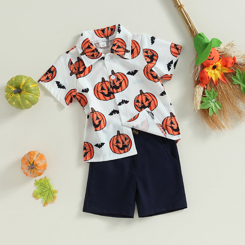 2-Piece Halloween Outfits! Boy’s Short Sleeve Pumpkin Sweatshirt & Shorts Sets