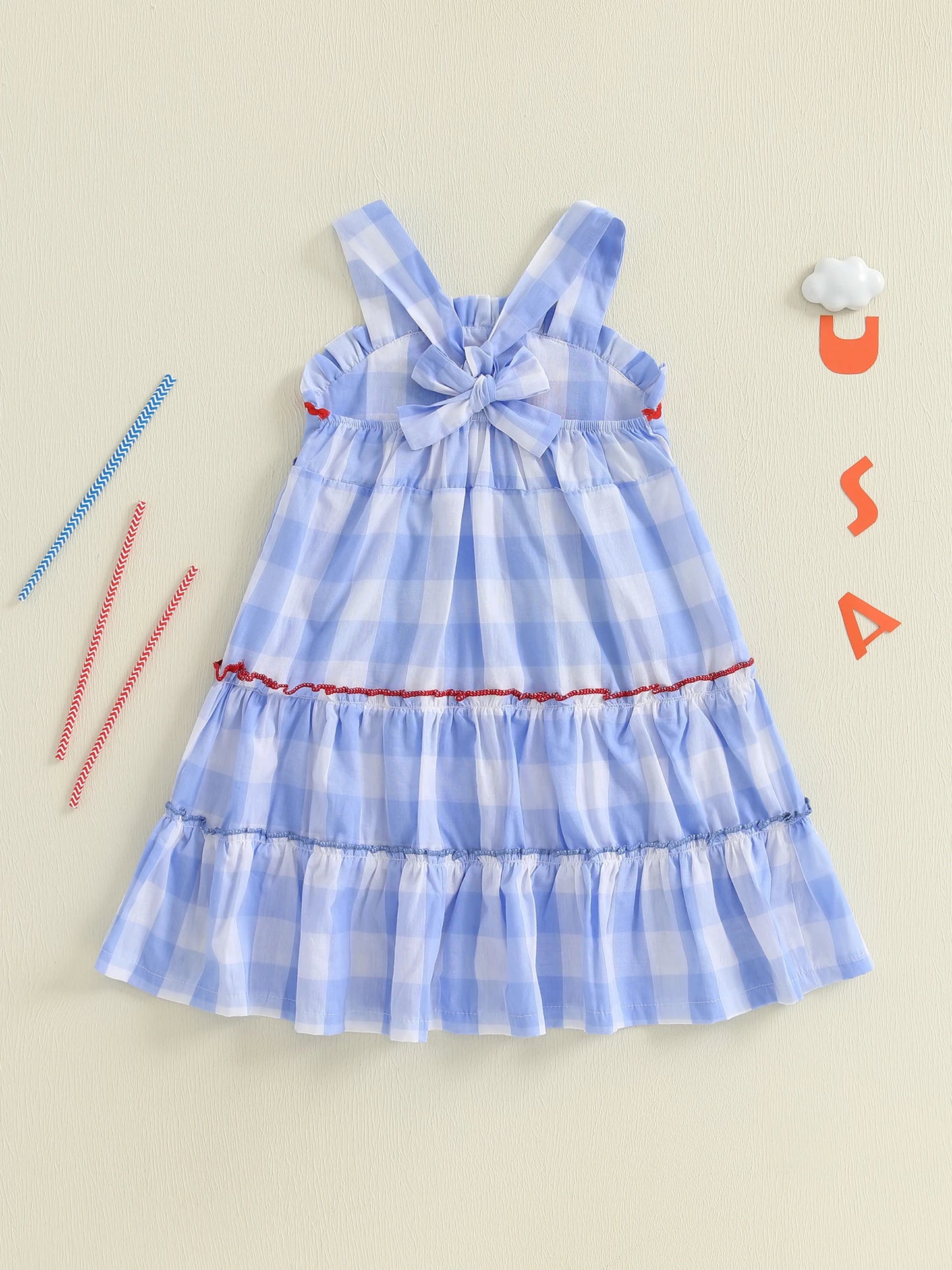 Girl's Plaid Embroidered USA 4th of July Dresses