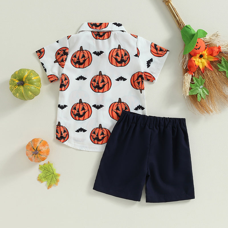 2-Piece Halloween Outfits! Boy’s Short Sleeve Pumpkin Sweatshirt & Shorts Sets