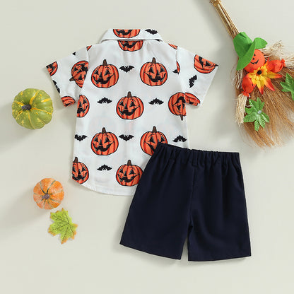 2-Piece Halloween Outfits! Boy’s Short Sleeve Pumpkin Sweatshirt & Shorts Sets