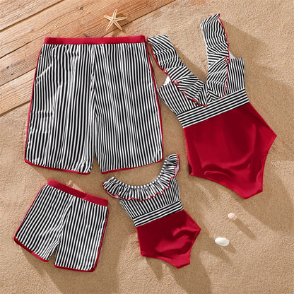 Family Matching! Striped Swim Trunks Shorts & Ruffle Splicing One-Piece Swimsuit