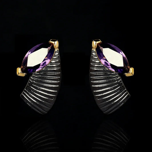 Amethyst Stud Earrings Black & Gold Style