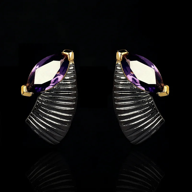 Amethyst Stud Earrings Black & Gold Style