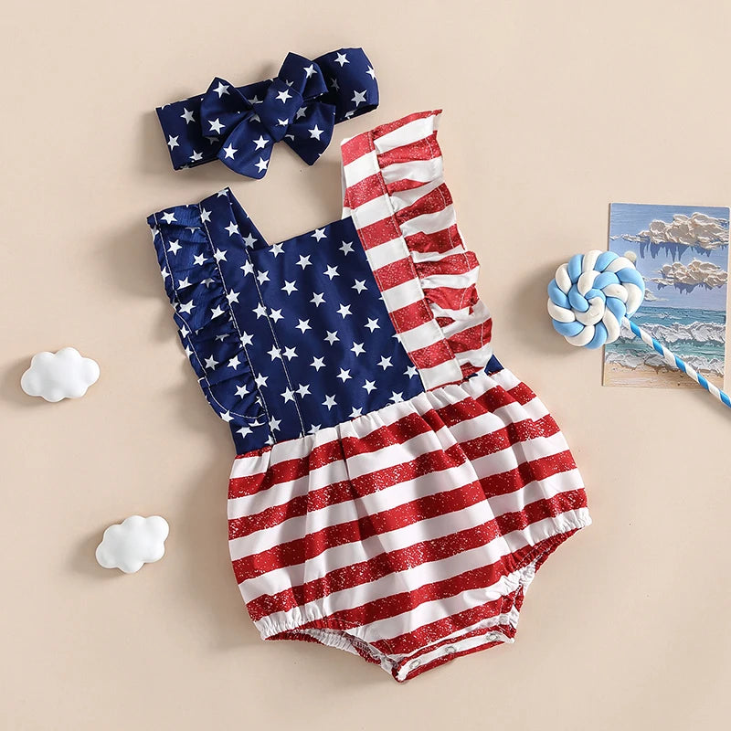 Girl's 2-Piece 4th of July Rompers & Bow Head Band Sets