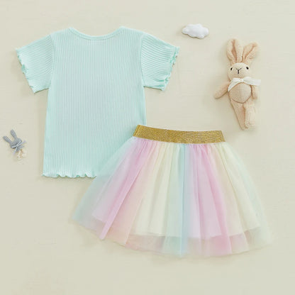 Girl's 2-Piece Embroidered Easter Bunny T-shirts & Rainbow Tulle Skirts Sets