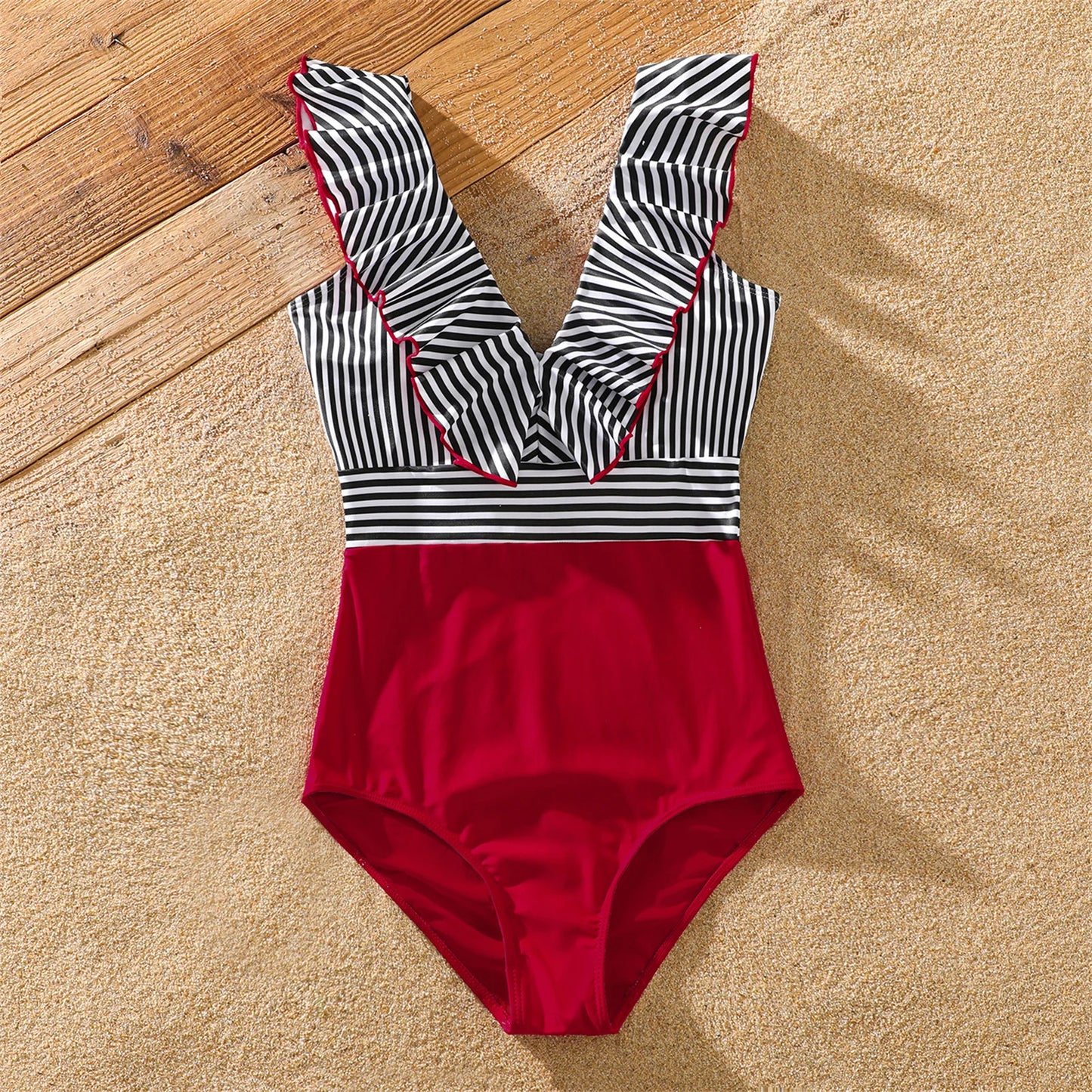 Family Matching! Striped Swim Trunks Shorts & Ruffle Splicing One-Piece Swimsuit