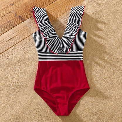 Family Matching! Striped Swim Trunks Shorts & Ruffle Splicing One-Piece Swimsuit