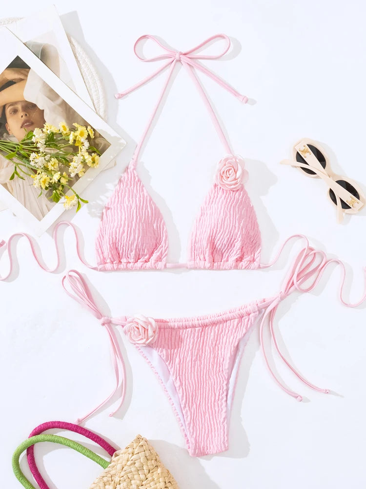 Pink Flower Bikini Tied High Cut Thong SwimsuitPush Up Swimwear Biquinis Summer Beach Bathing Suit