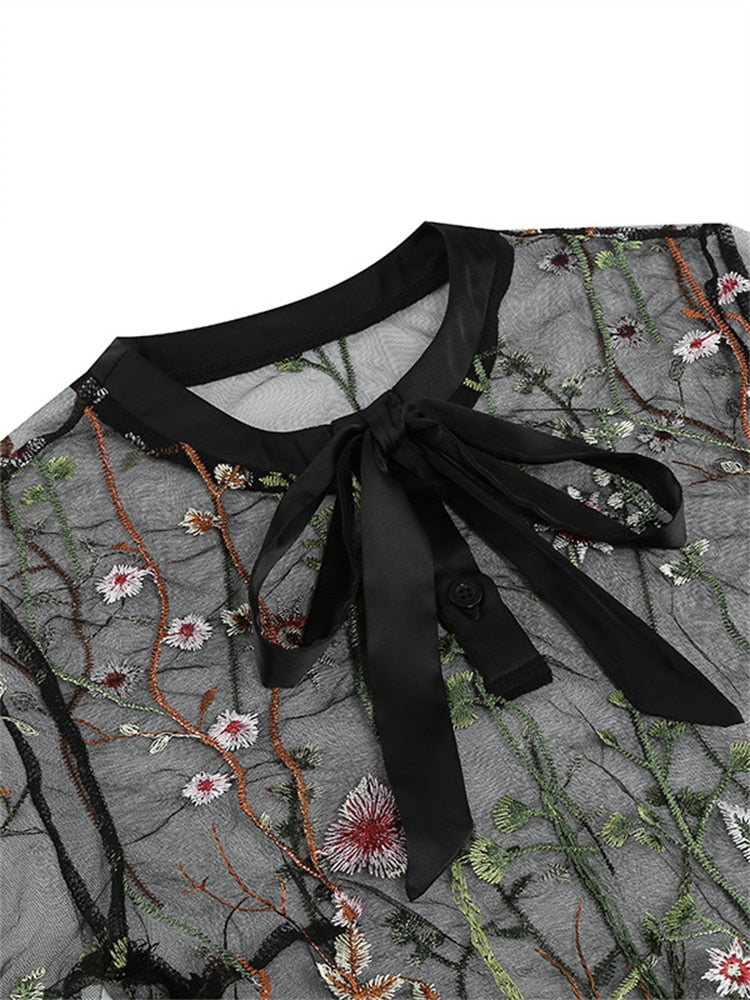 Elegant Black Floral Embroidery Dresses with Mesh Long Sleeves