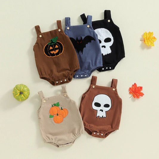 Halloween Outfits! Girl’s & Boy’s Embroidered Bats, Ghost, Pumpkin Rompers & Bib Overalls