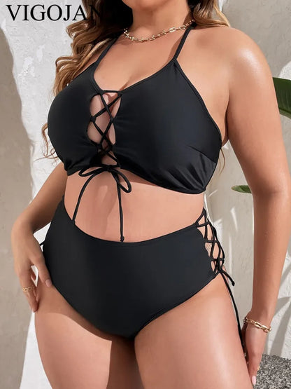 Sexy Black Strapped Plus BikiniHollow Push UP 2 Piece Swimsuit High Waist Backless Bathing Suit