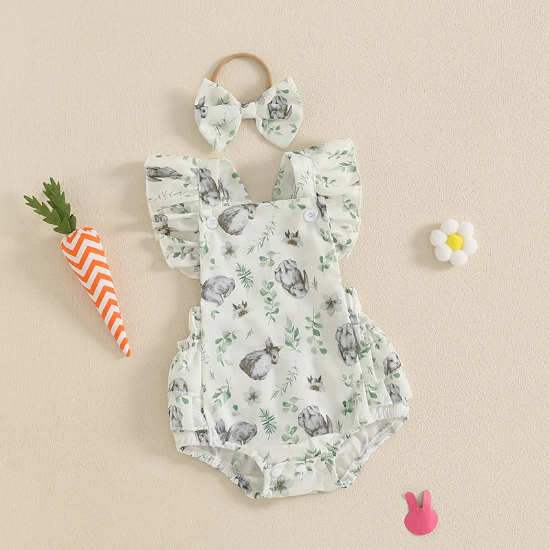 Girl's 2-Piece Ruffled Easter Bunny Romper & Bow Headband Sets