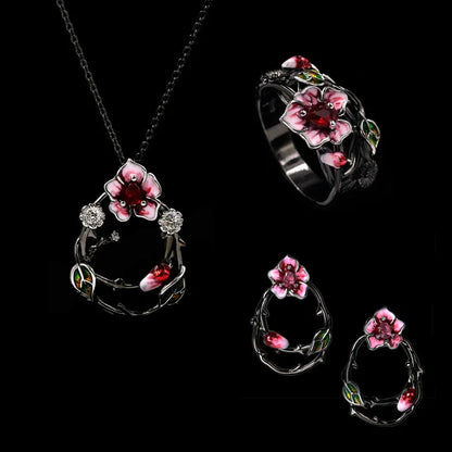 3-Piece Pink Petal Black & Gold Style Flower Rings, Necklace & Earrings Sets