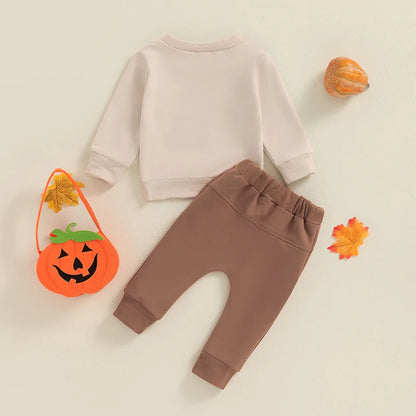 2-Piece Halloween Outfits! Boy’s Long Sleeve Pumpkin Sweatshirt & Pants Sets