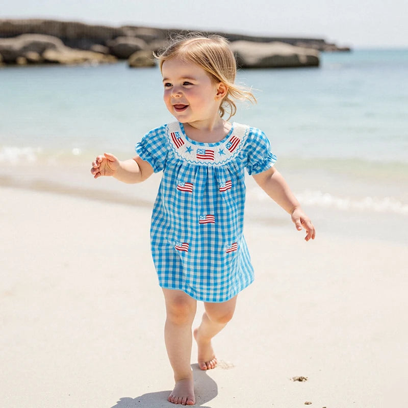 Girl's Plaid Embroidered 4th of July Dresses
