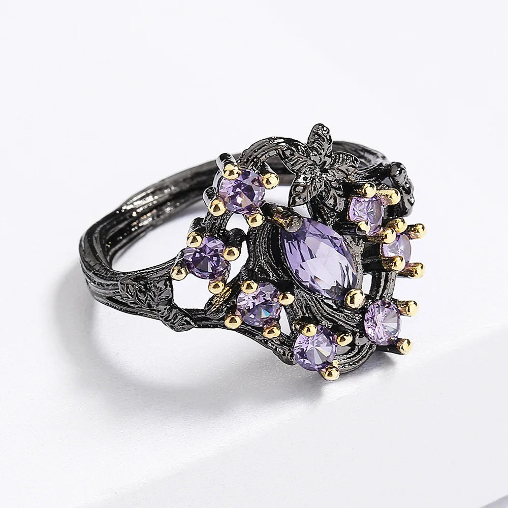 Purple Zircon Black & Gold Style Flower Rings