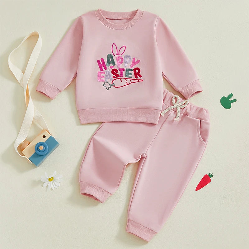 Girl's Embroidered Easter Bunny Ear, Carrot Sweatshirts & Pants Sets