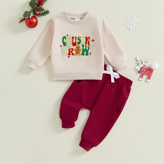 Family Matching! 2-Piece Christmas Boy's & Girl's "Cousin Crew" Embroidered Sweatshirt & Pants Sets
