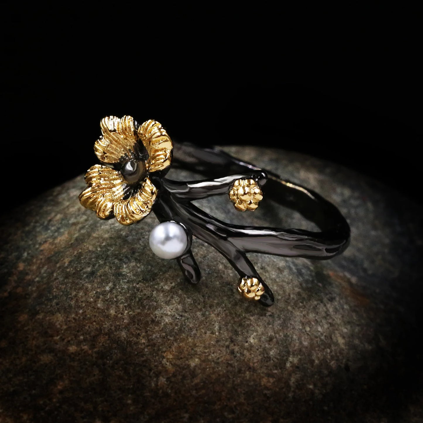 Silver Plated Delicate Daisy Flower Rings Black & Gold Style Pearl Branch Rings Flower