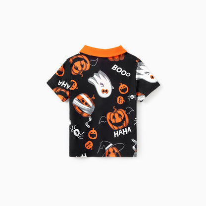 Family Matching! Halloween Pumpkin Ghost Spiderweb Polo Shirts or Ruched Sleeveless Dresses