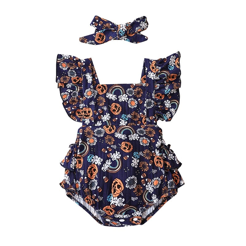 2-Piece Halloween Outfits! Girl's Pumpkin Flower Rainbow Onesie & Matching Bow Headband Sets