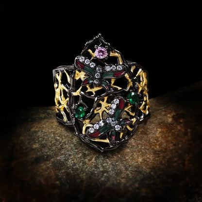 Gothic Butterfly Black & Gold Emerald Zircon Rings