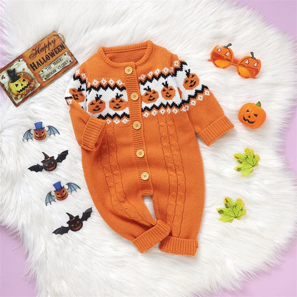 Halloween Pumpkins! Girl's & Boy's Warm & Cozy Knit Sweater Button-Up Rompers