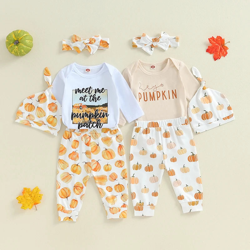 4-Piece Halloween Outfits! Girl’s Long Sleeve Pumpkin Onesie, Pants, Headband & Hat Sets