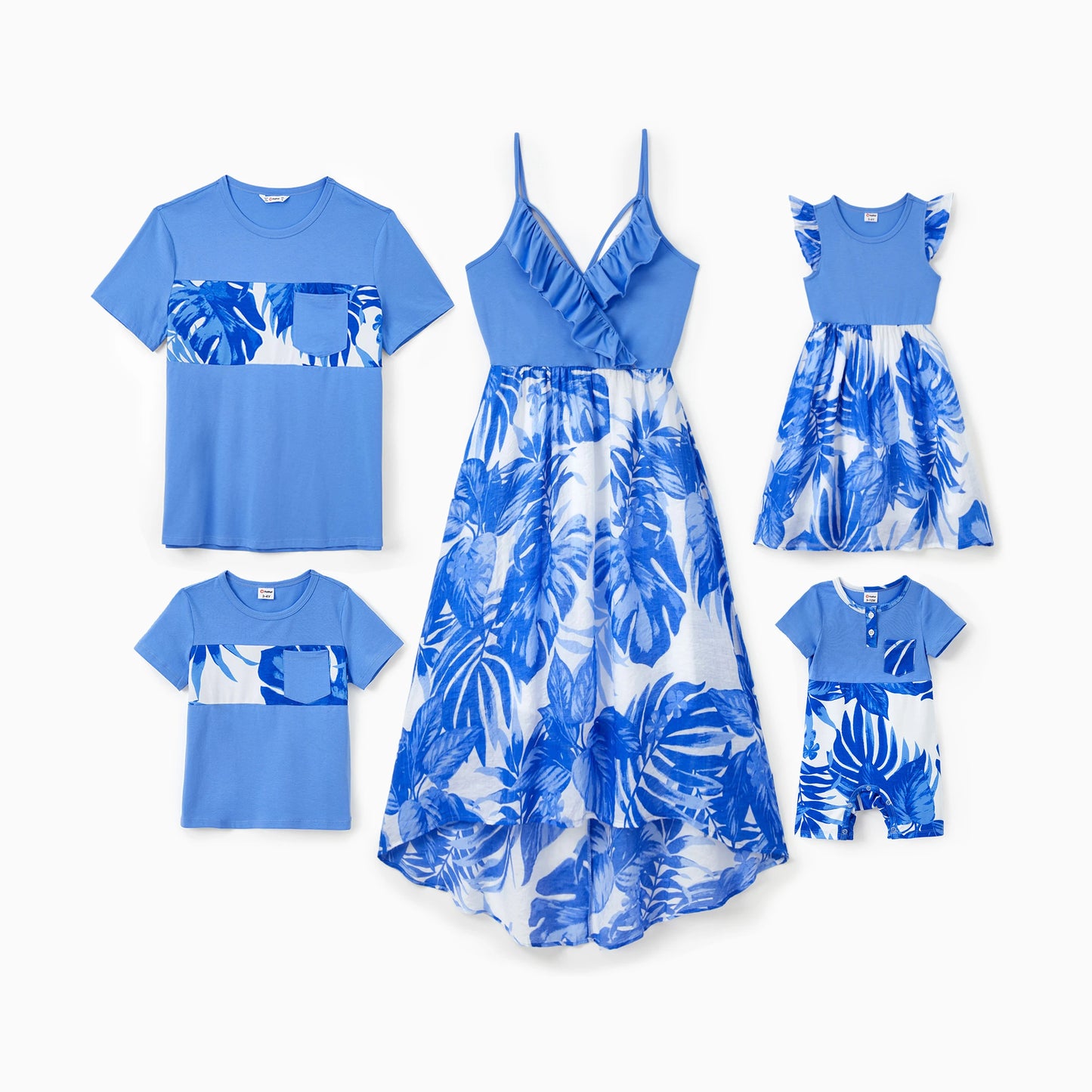 Family Matching! Blue Tropical Floral Panel Tee or Ruffle Neck Cross Back High-Low Strap Dress