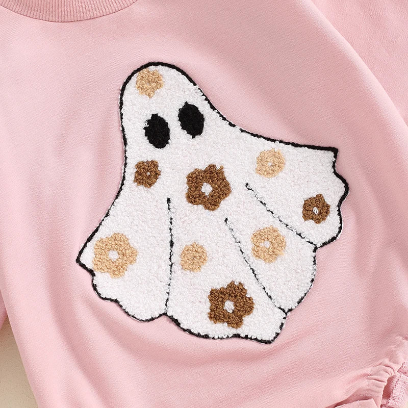 2-piece Girl's Embroidered Groovy Ghost Halloween Sweatshirt & Matching Bow Headband