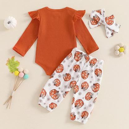 Girl's Floral Pumpkin Onesies, Pants & Bow Headband Sets