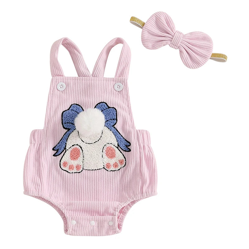 Girl's 2-Piece Bunny Embroidered Sleeveless Easter Romper & Bow Headband Sets