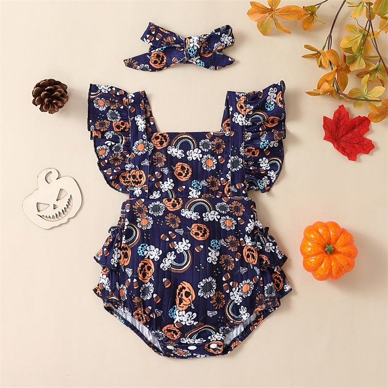 2-Piece Halloween Outfits! Girl's Pumpkin Flower Rainbow Onesie & Matching Bow Headband Sets