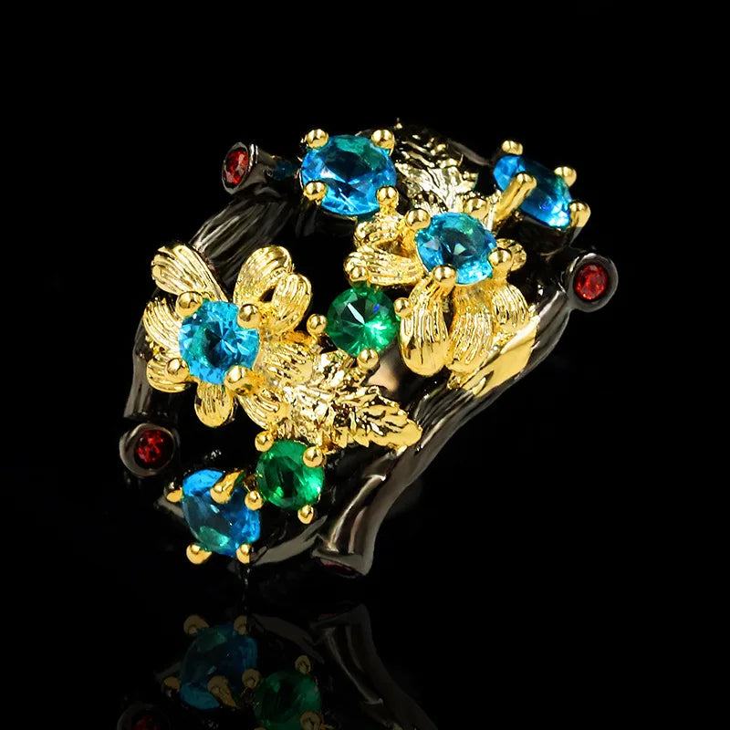 Vintage Blue Sapphire, Ruby & Emerald Zircon Floral Black & Gold Series Rings