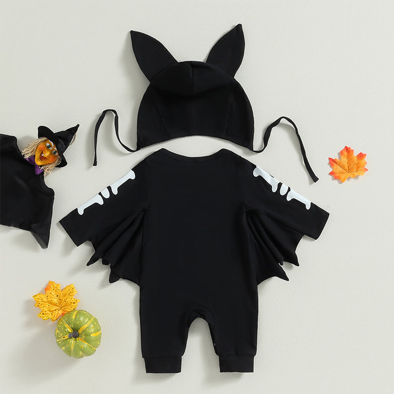 Halloween Costumes! 2-Piece Boy's & Girl's Long Sleeve Skeleton Bat Romper & Hat Set