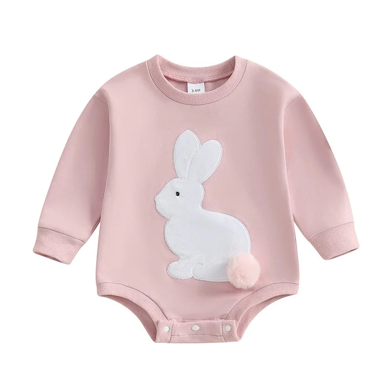 Girl’s Long Sleeve Easter Bunny Embroidered Sweatshirt Rompers