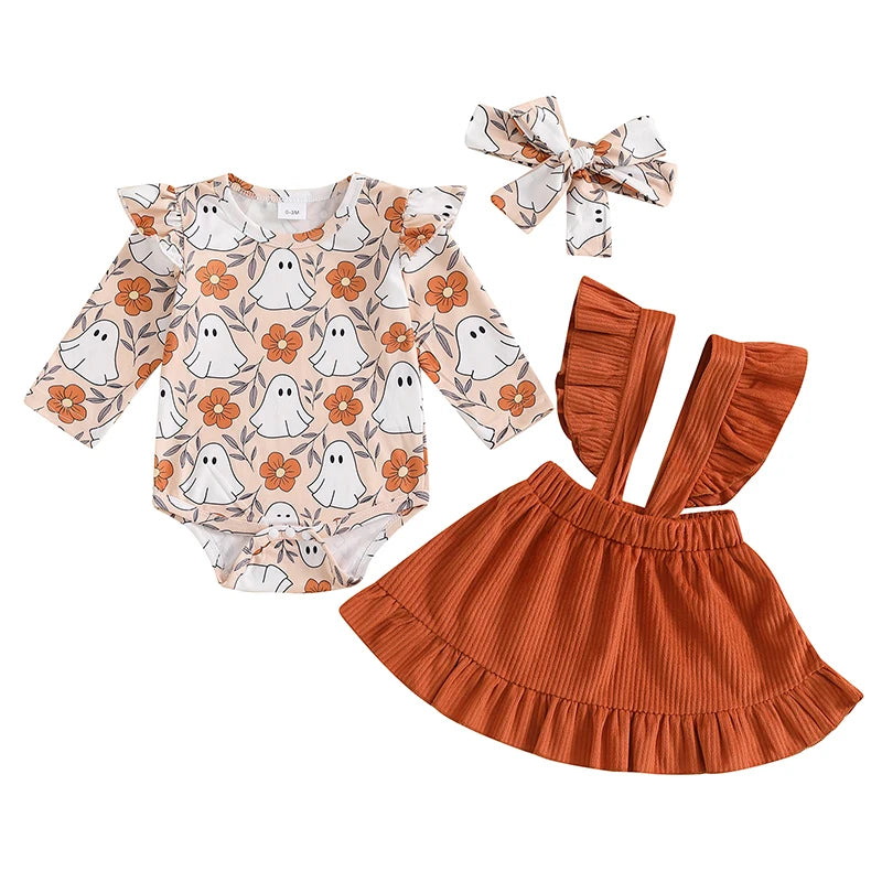 3-Piece Halloween Outfits! Girl’s Long Sleeve Ghost Rompers, Bibs, Skirt, overalls & Headband Sets