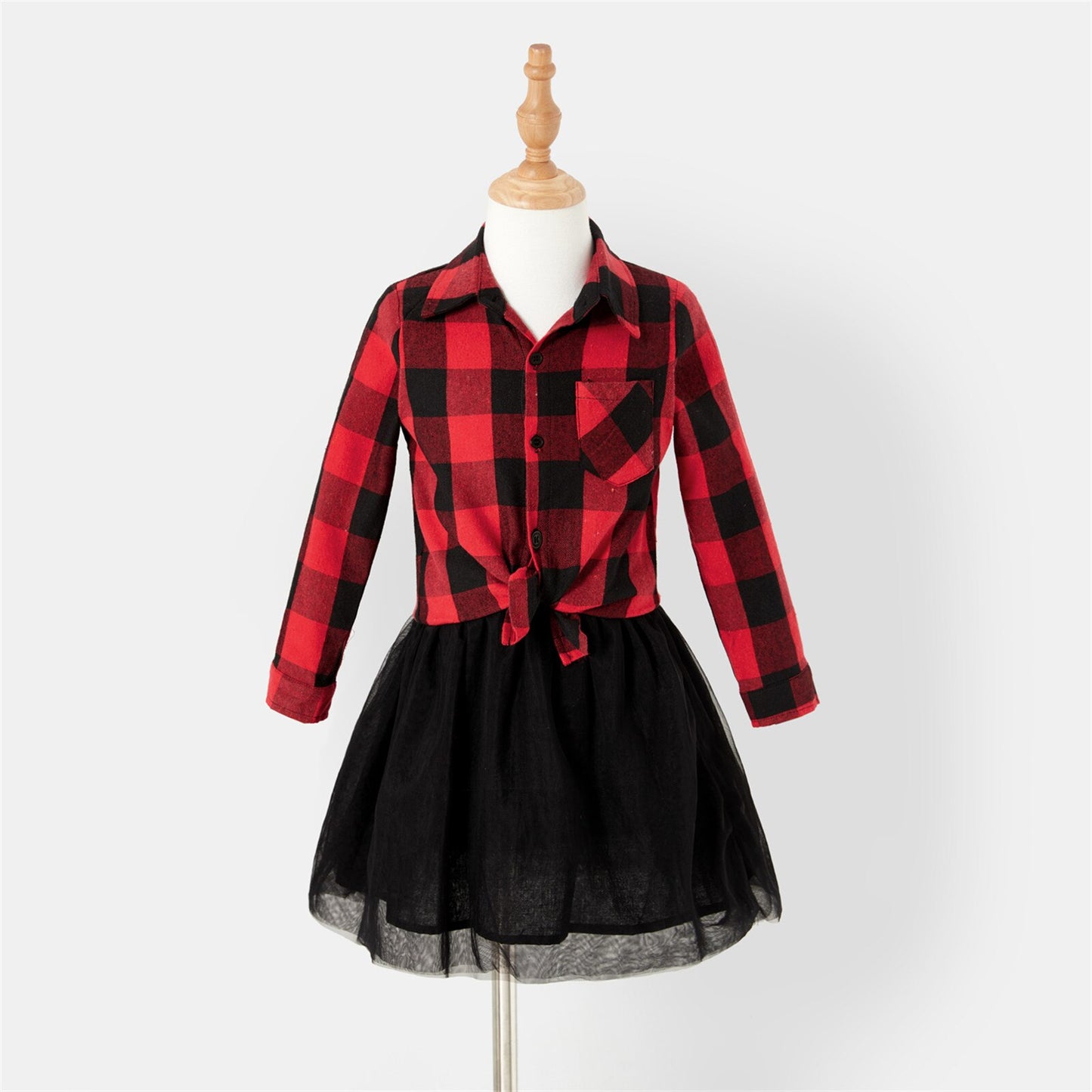 Family Matching! Red Plaid Long-Sleeve Button-Up Tops & Dresses with Mesh Skirts