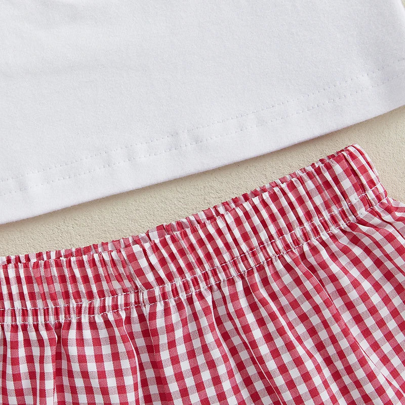 Girl's 2-Piece Embroidered 4th of July Fly Sleeve Popsicle Top & Plaid Shorts Sets