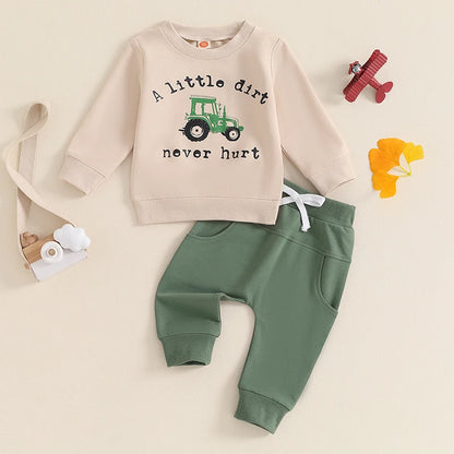 2-Piece Fall / Winter Outfits! Boy's "A Little Dirt Never Hurt" Tractor Sweatshirt & Pants Sets