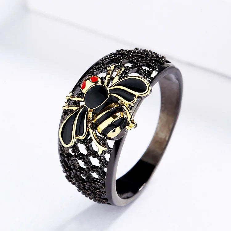 3-piece Black & Gold Style Enamel Bee Rings, Necklace & Earrings Sets