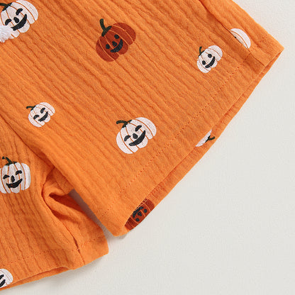 2-Piece Halloween Outfits! Boy’s & Girl’s Short Sleeve Pumpkin T-shirt Rompers & Shorts Sets