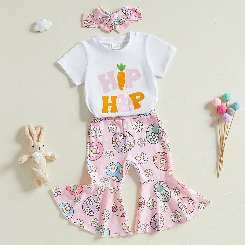 Girl's "Hip Hop" Easter T-Shirts, Flare Pants & Bow Headband Sets