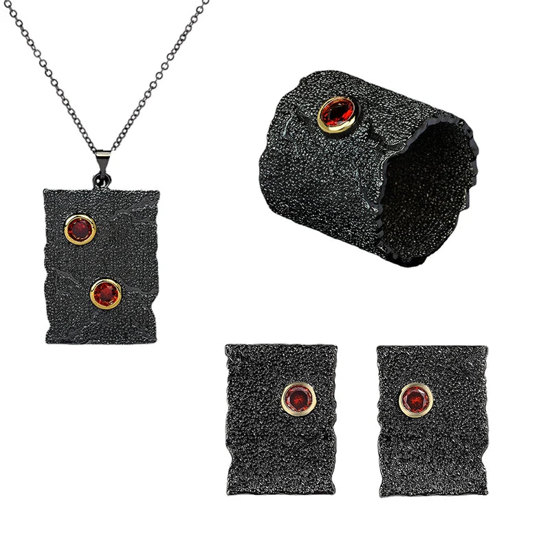 3-piece Vintage Red Zircon Gothic Black & Gold Style Rings, Necklace & Earrings Sets