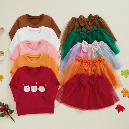 2-Piece Christmas Outfits! Girl's Embroidered Sweatshirt +Tulle Skirt Sets