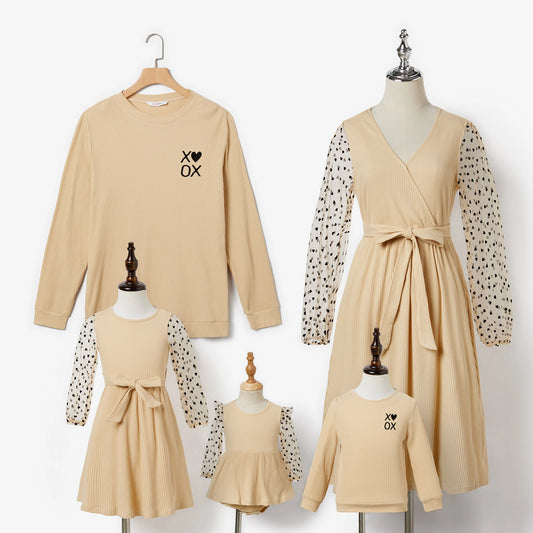 Family Matching! Long Sleeve Solid Print Top & Polka Dot Belted Dresses