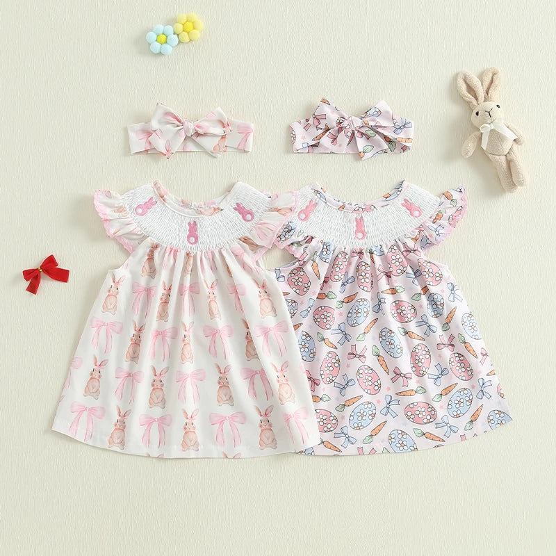 Girl's 2-Piece Rabbit/Easter Egg Fly Sleeve Dresses & Headband Sets